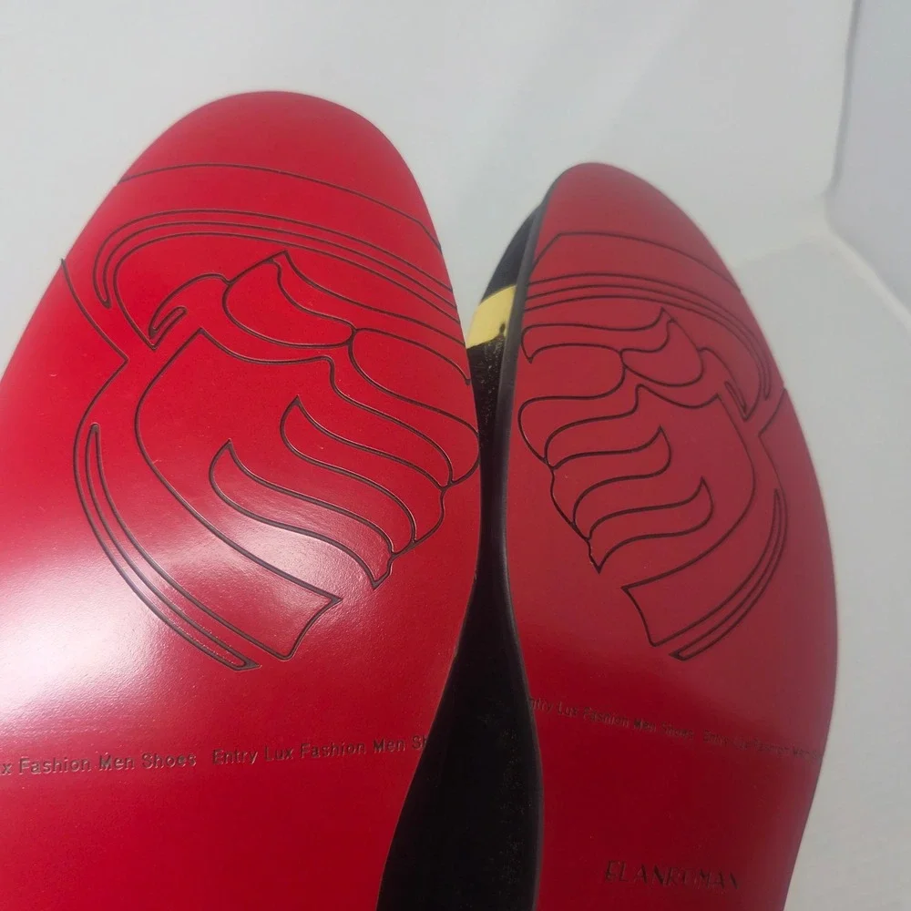 Elanroman Velvet Loafers Men 13 Black Gold Crest Red Bottom Dress Shoes 470